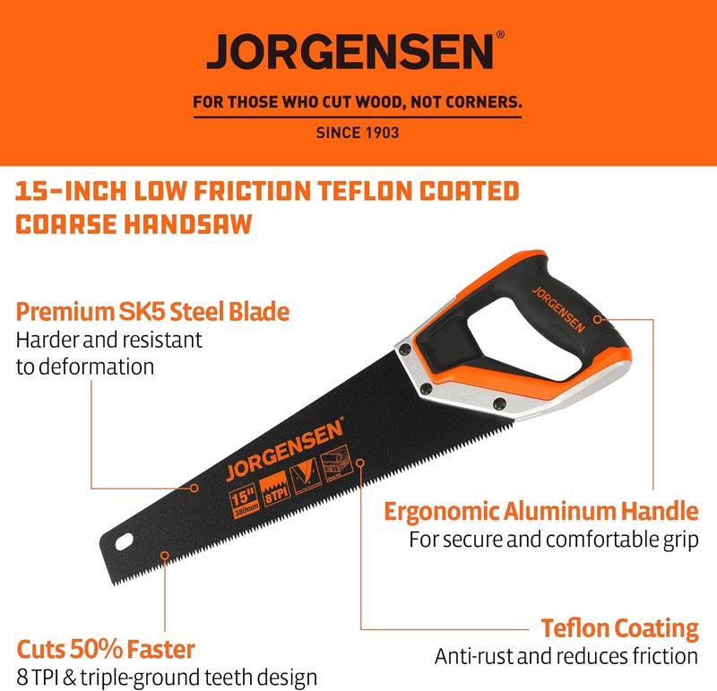 Jorgensen 15” Hand Saw, Black Coated Coarse Handsaw 8TPI for Wood Cutting, Ergonomic Non-Slip Aluminum Handle for Sawing, Trimming, Gardening, Pruning, PVC - Image 2